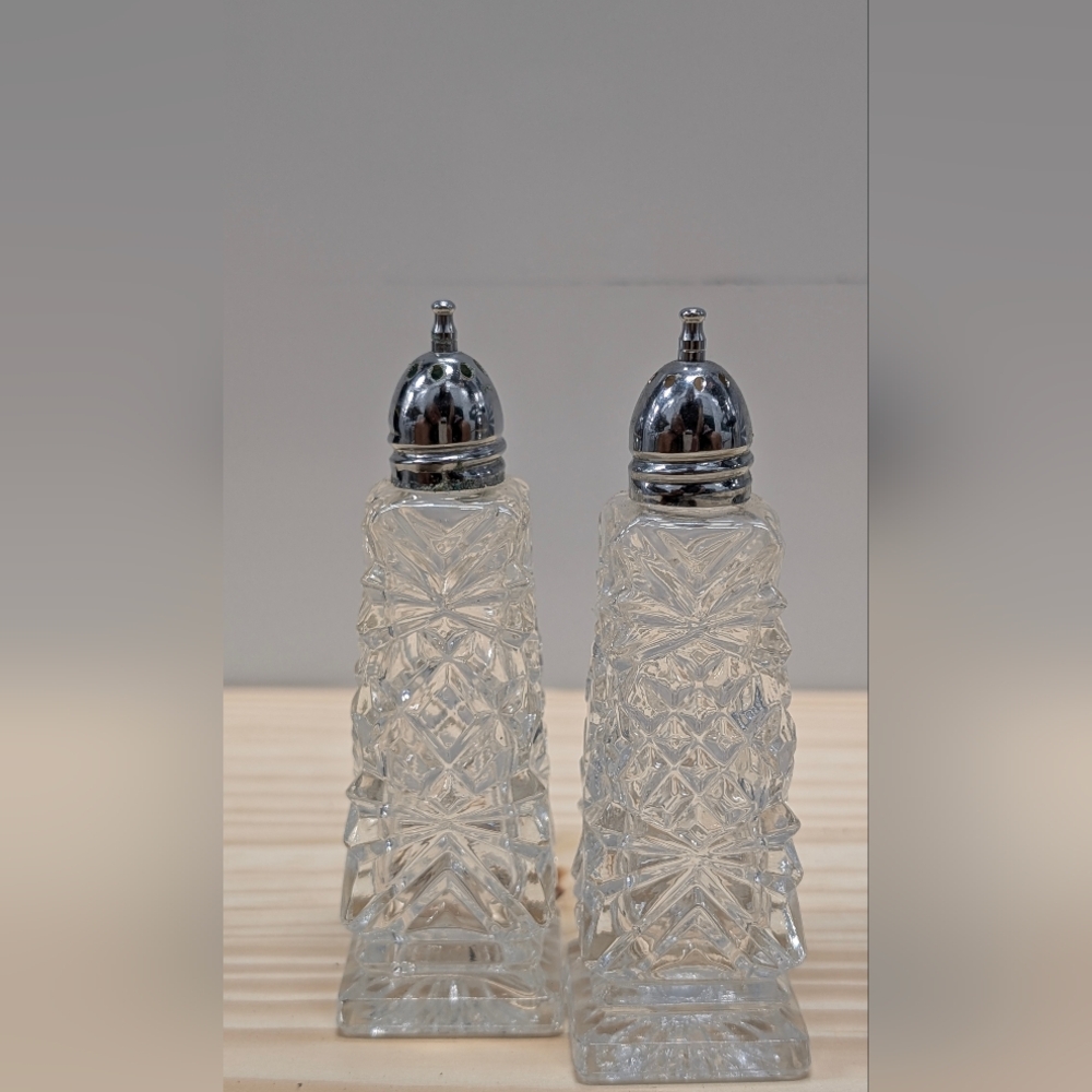 Vintage Glass Salt and Pepper Shakers with Silver Tops